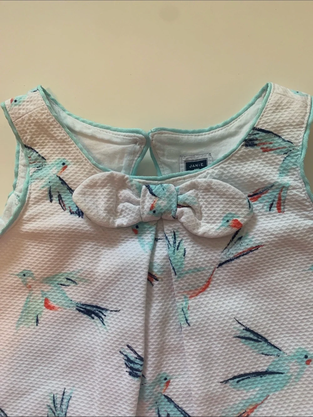 Janie and Jack White Sleeveless Dress with Mint and Coral Bird Print Size 3-6 mo